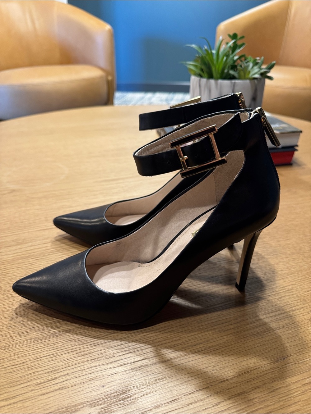 Louise et Cie Black Pointed-Toe Ankle-Strap Pumps with Gold Buckle - Picture 7 of 16